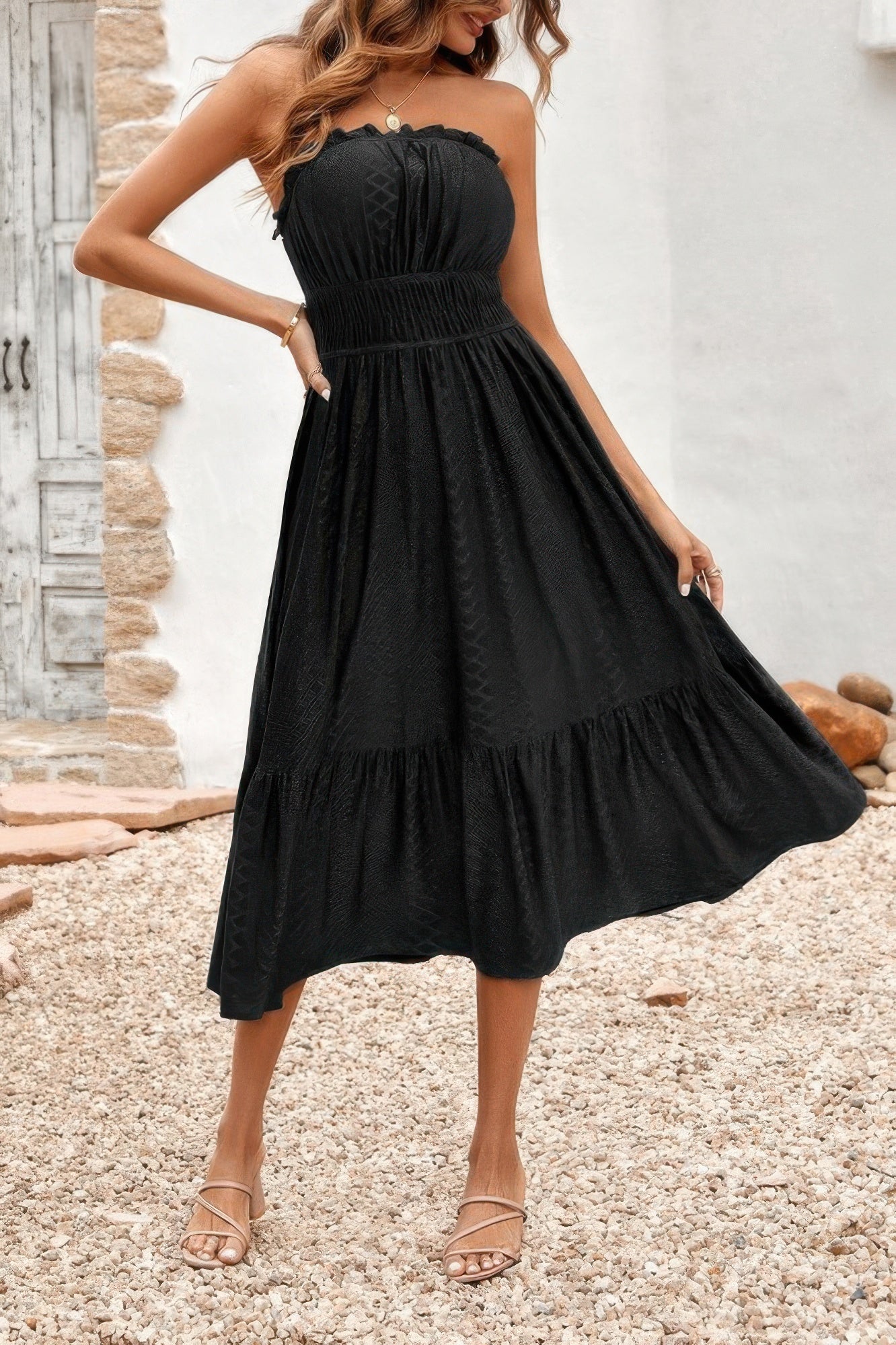 Off Shoulder Lace Trim Strapless Tube A Line Dress