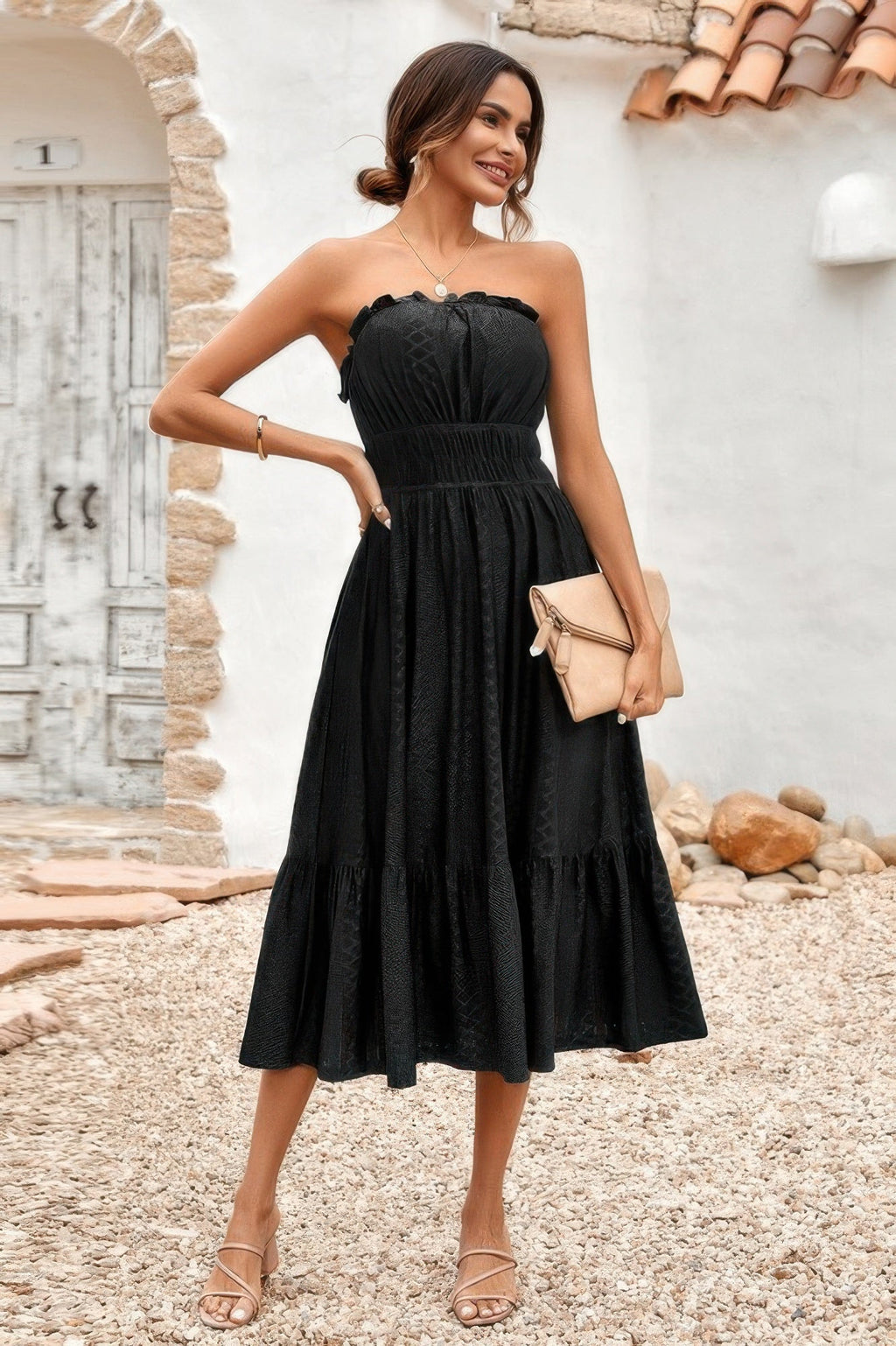 Off Shoulder Lace Trim Strapless Tube A Line Dress