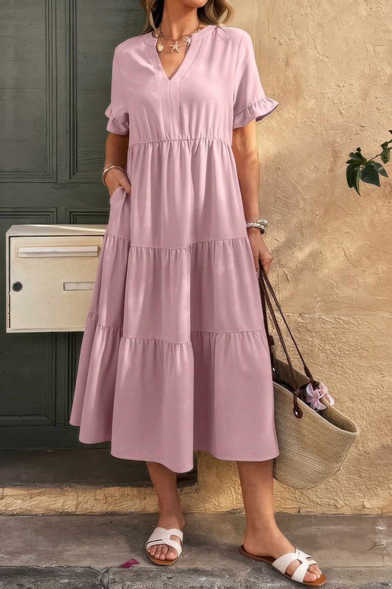 Solid V Neck A Line Ruffle Hem Pleated Dress