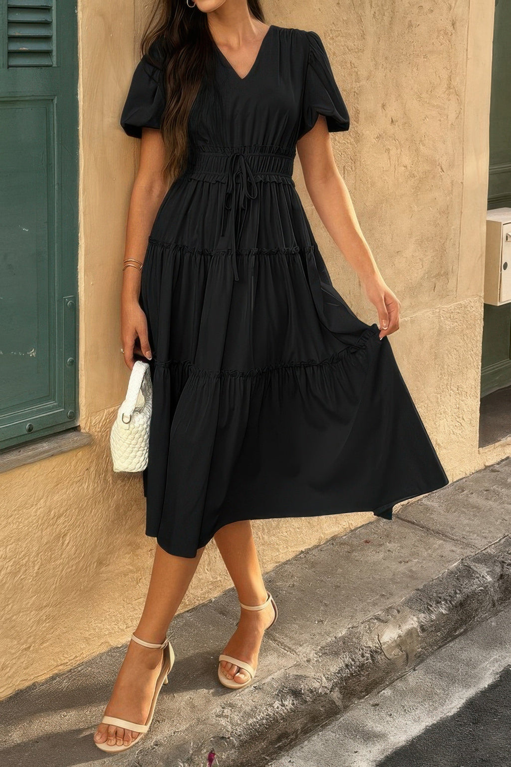 Solid V Neck Puff Sleeve Elastic Waist Dress