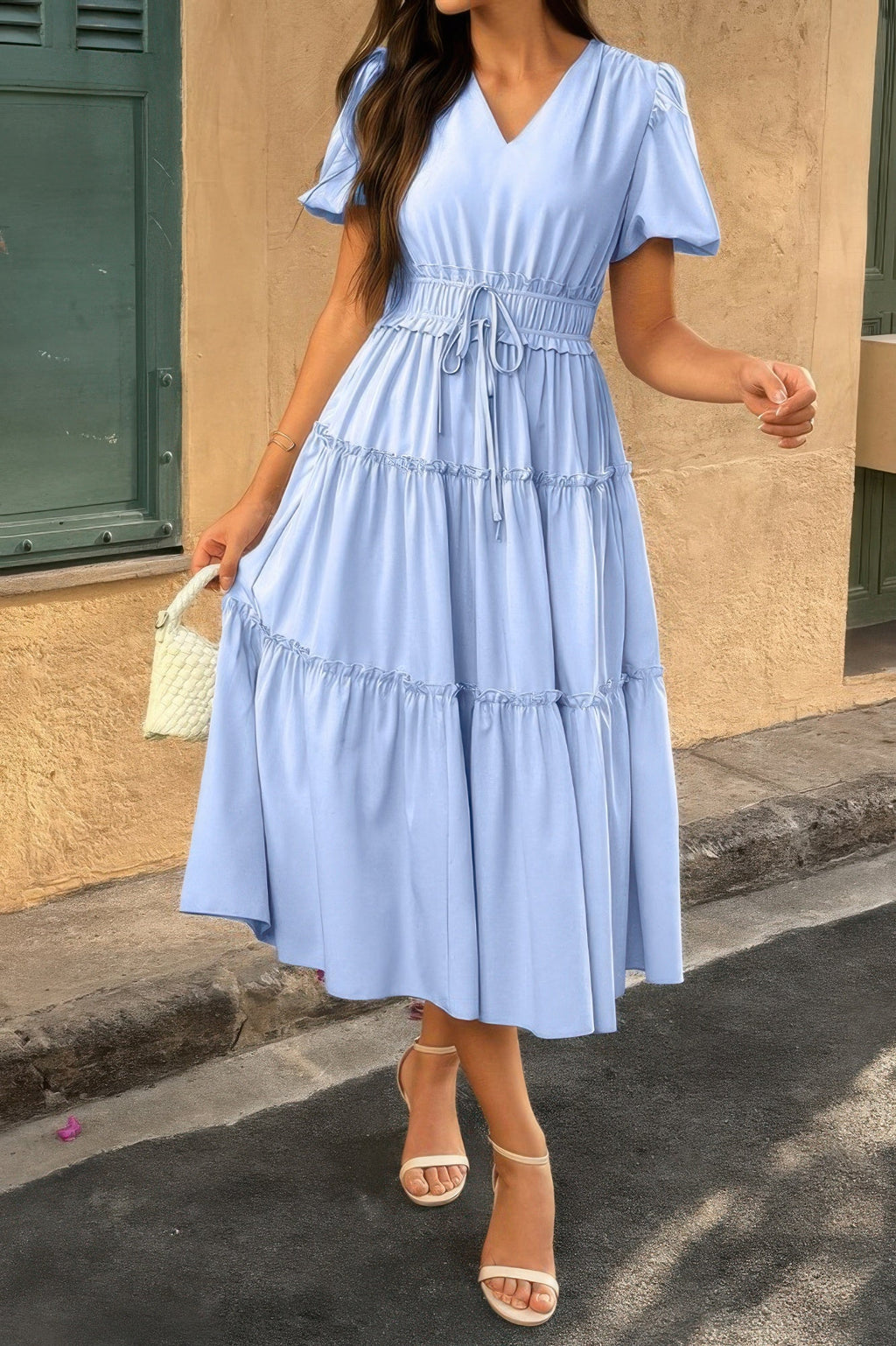 Solid V Neck Puff Sleeve Elastic Waist Dress