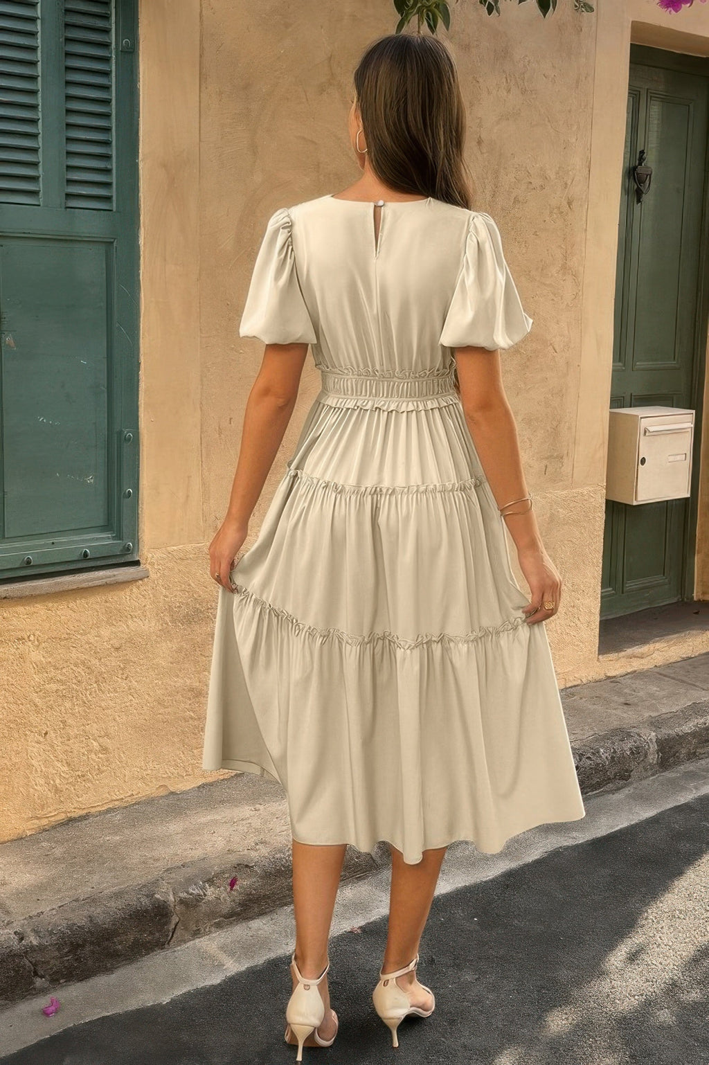 Solid V Neck Puff Sleeve Elastic Waist Dress