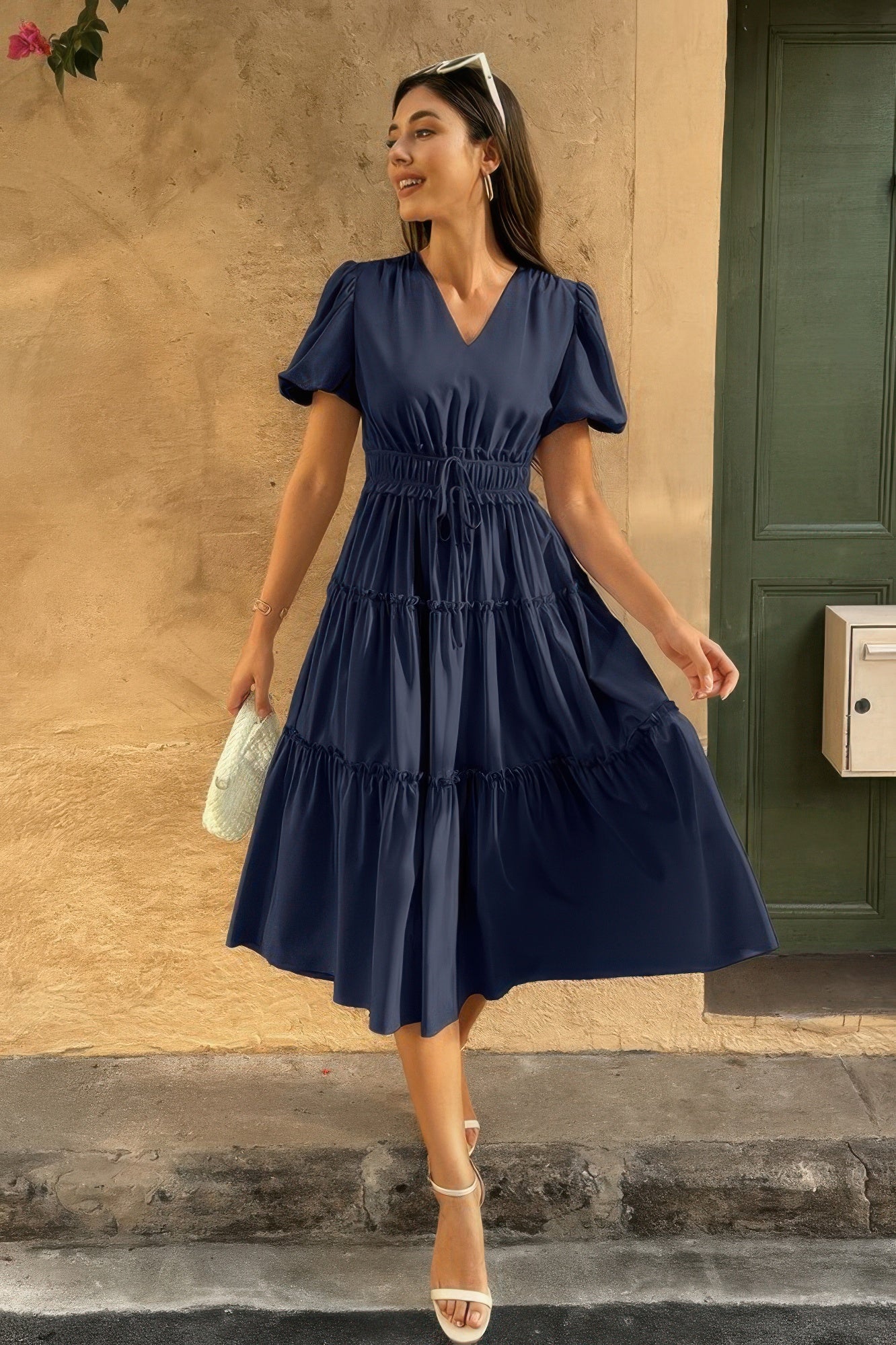 Solid V Neck Puff Sleeve Elastic Waist Dress