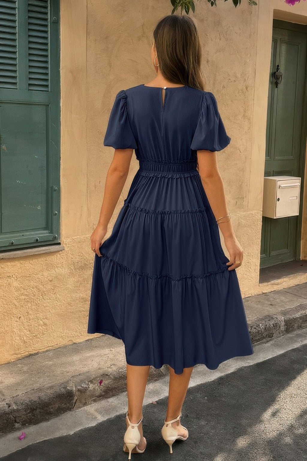 Solid V Neck Puff Sleeve Elastic Waist Dress