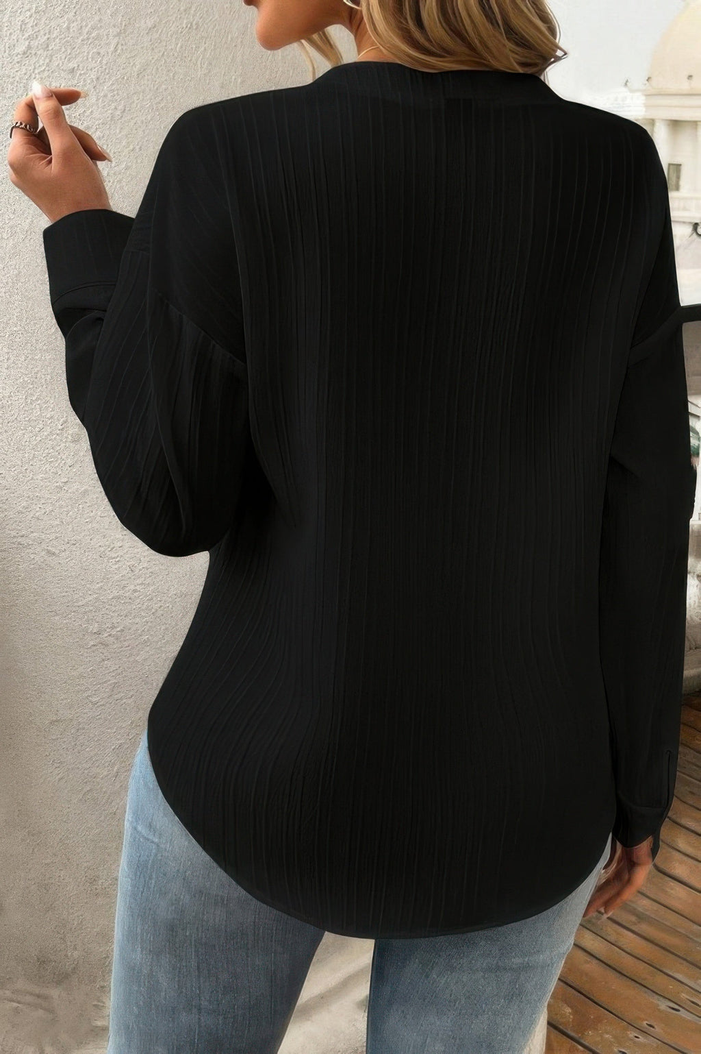 Solid Buttons V Neck Elegant Front Pockets Blouse