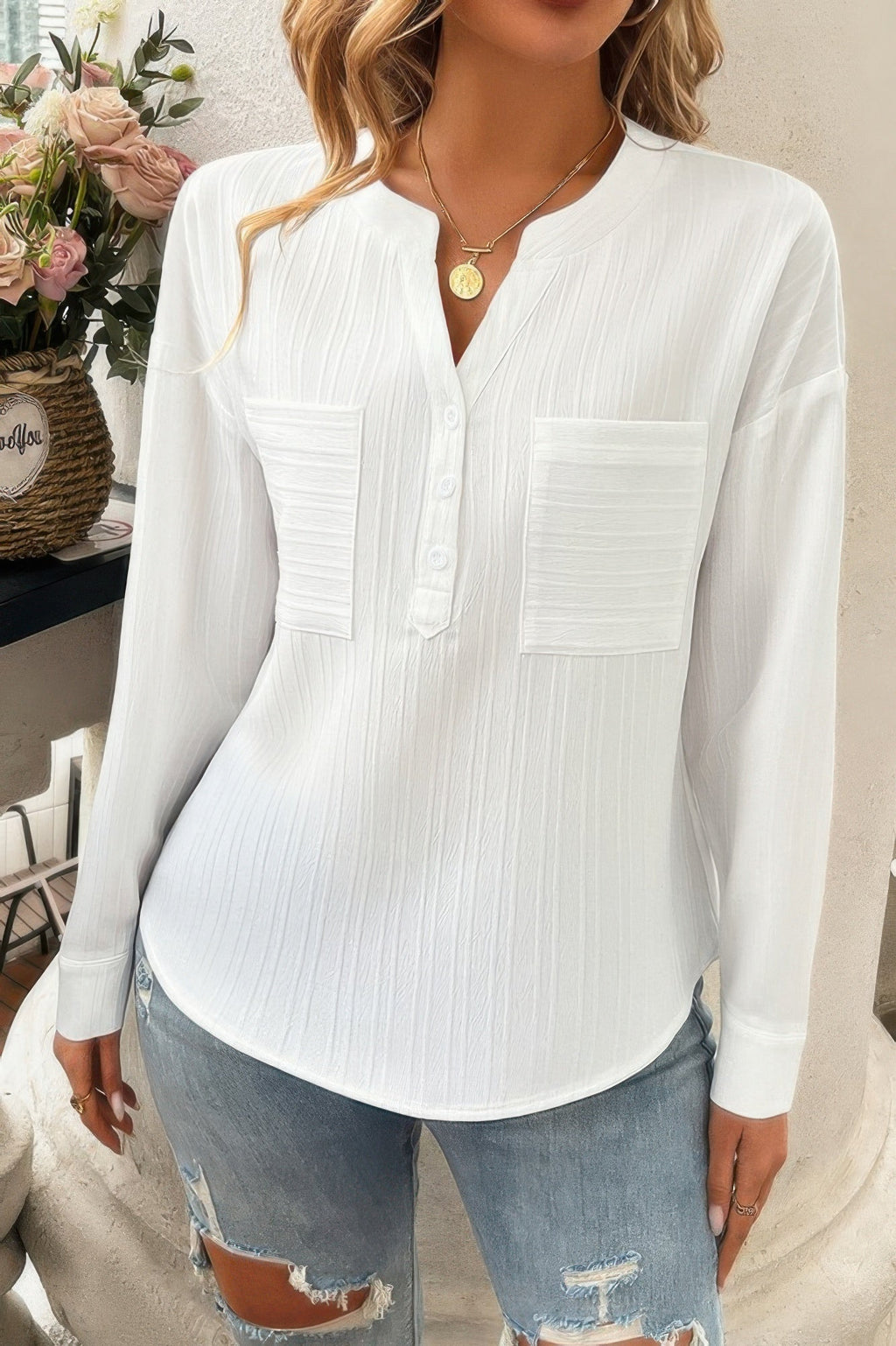 Solid Buttons V Neck Elegant Front Pockets Blouse