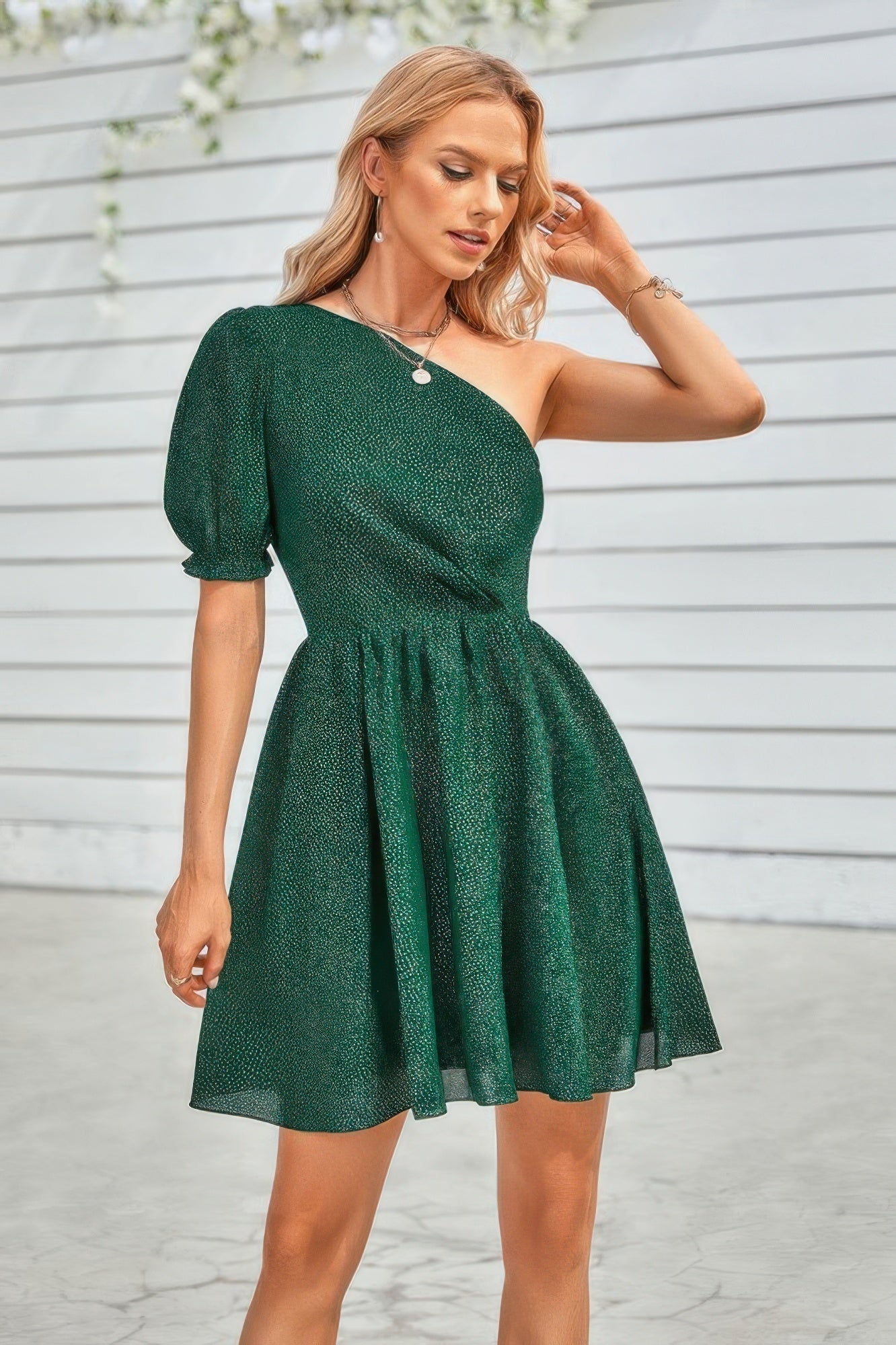 One Shoulder Polka Dot Puff Sleeve Ruffle Dress