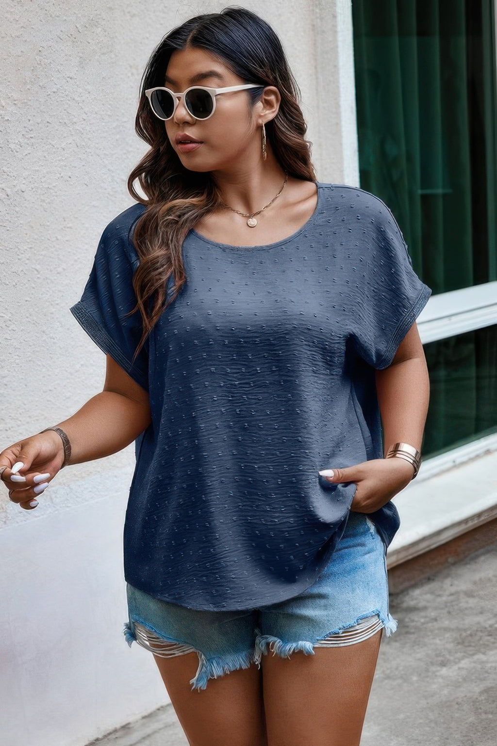 Plus Size Swiss Dot Solid Round Neck Loose Shirt