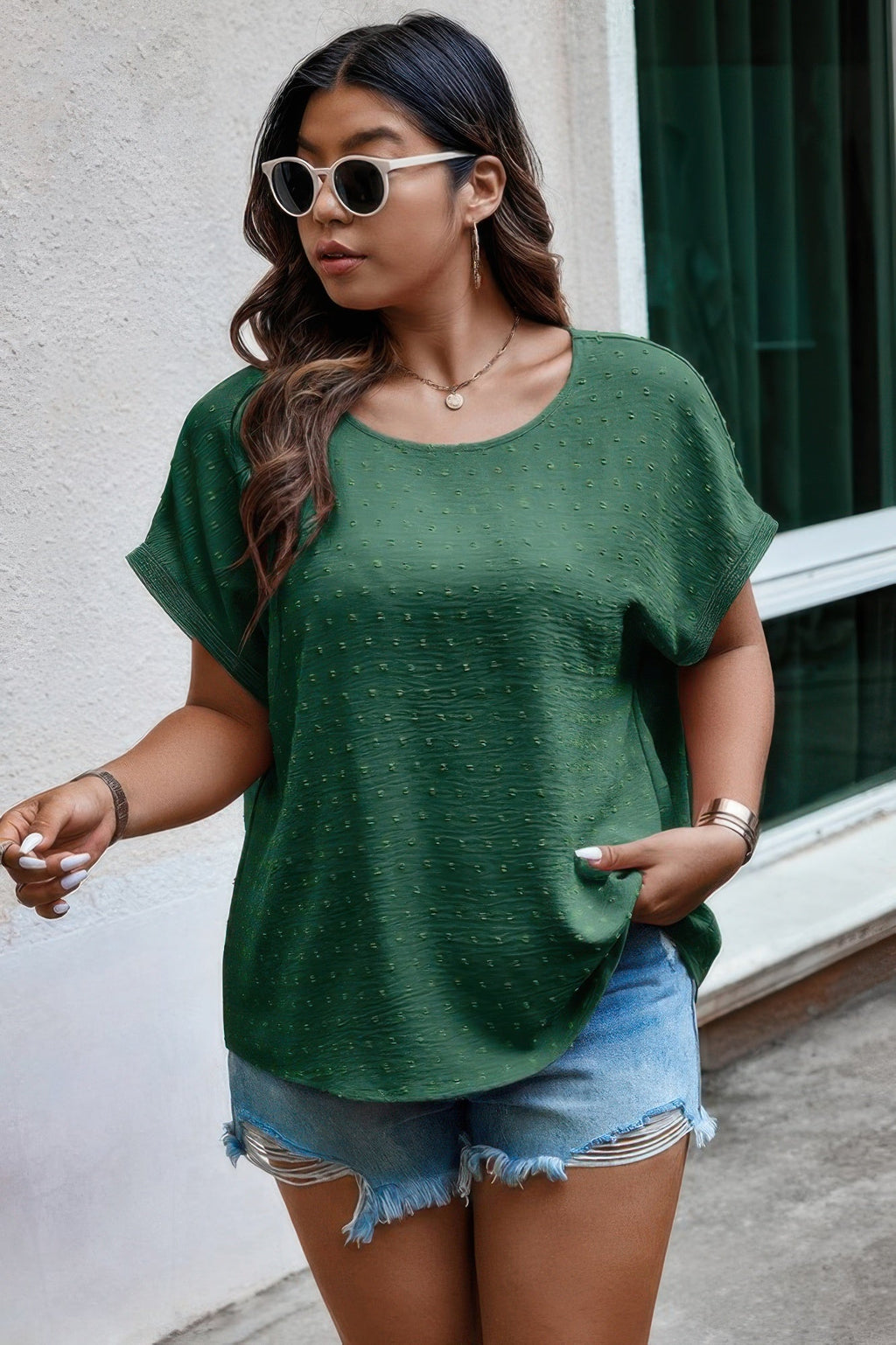 Plus Size Swiss Dot Solid Round Neck Loose Shirt