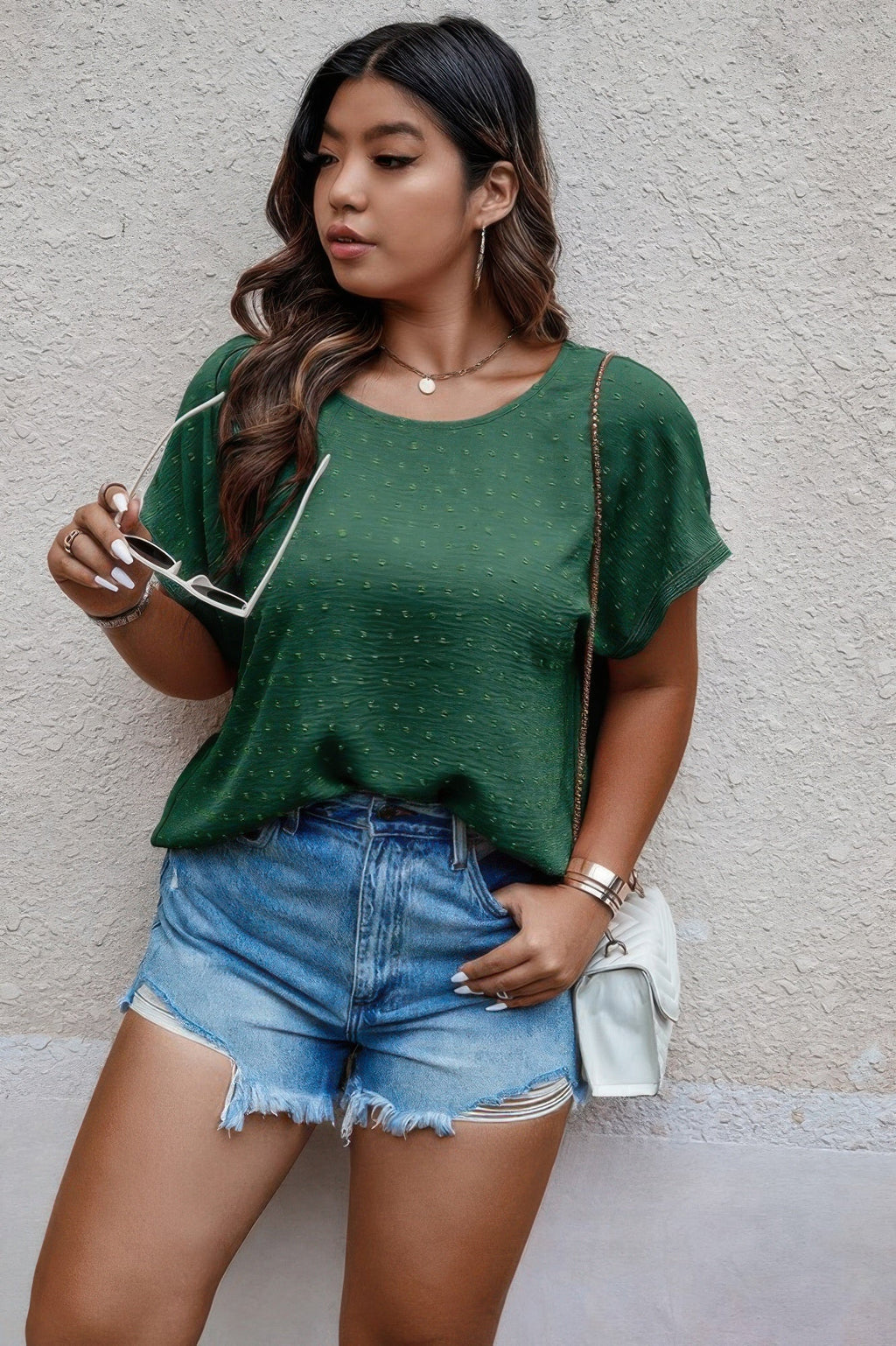 Plus Size Swiss Dot Solid Round Neck Loose Shirt