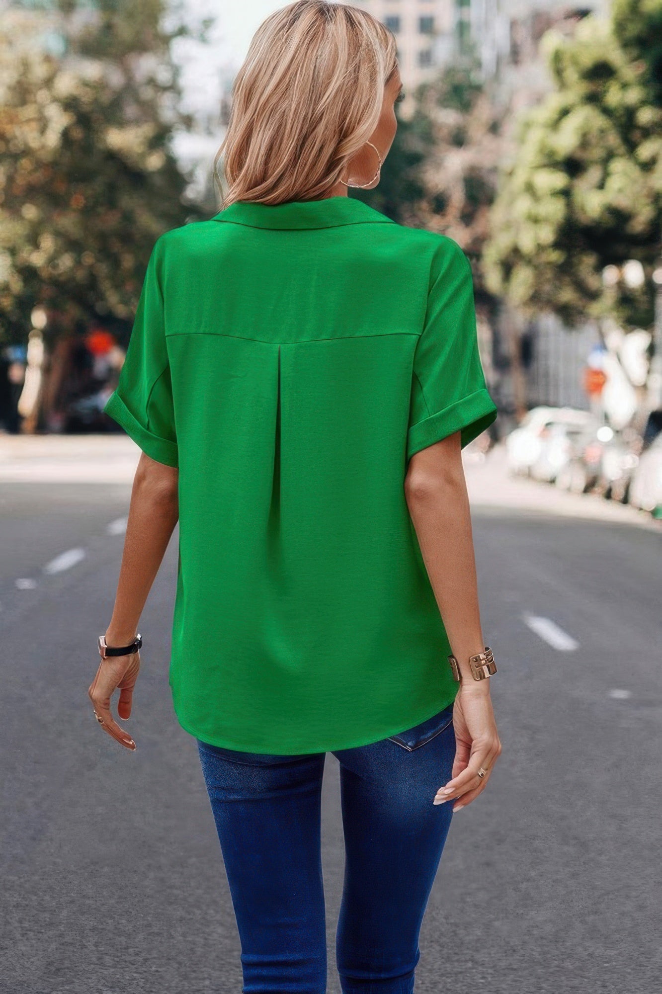 V Neck Button Down Roll Up Sleeve Loose Pocket Blouse