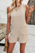 Solid Crewneck Sleeveless Loose Pockets Romper