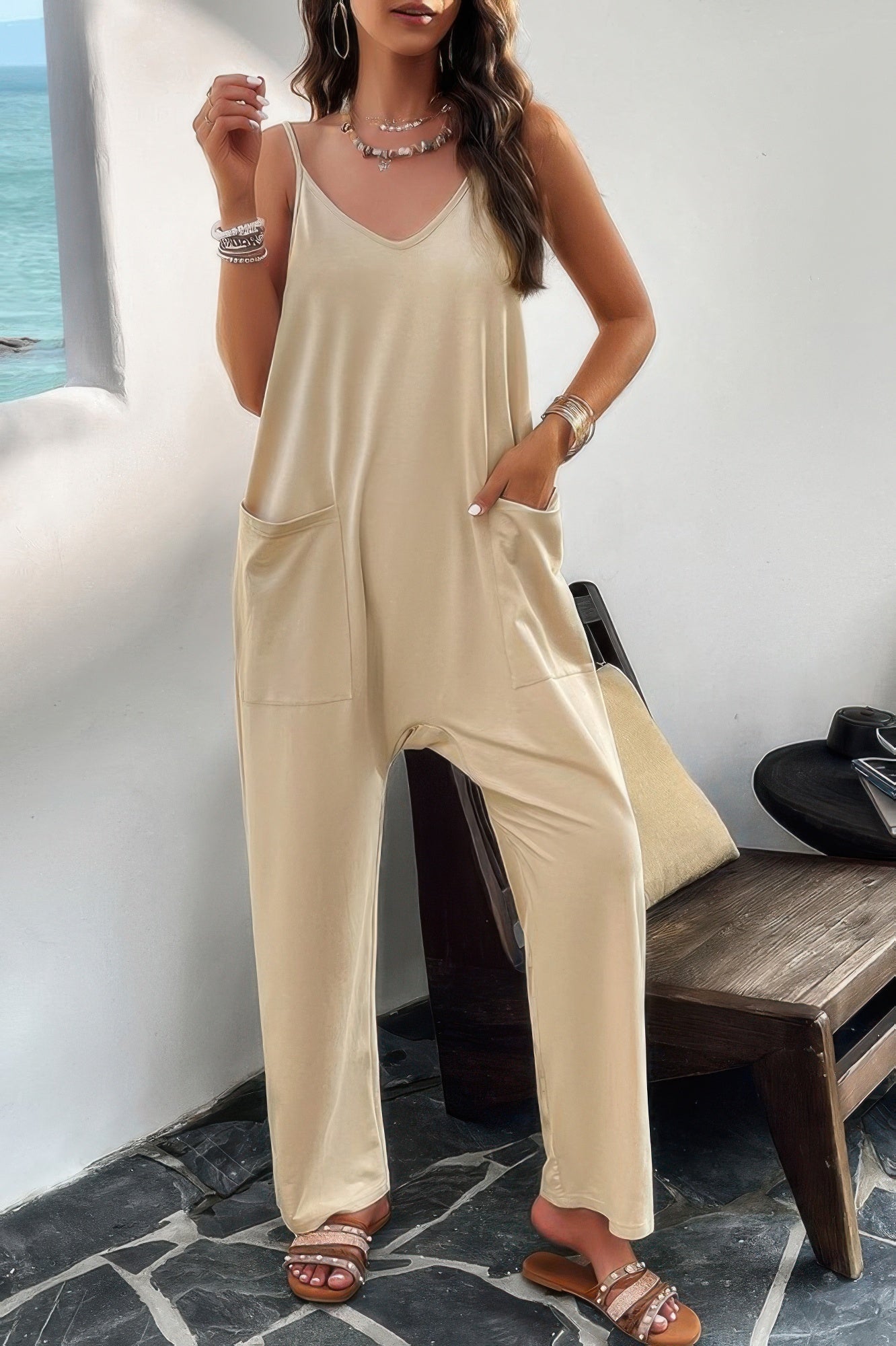 Pocketed Spaghetti Strap Loose Sleeveless Jumpsuit