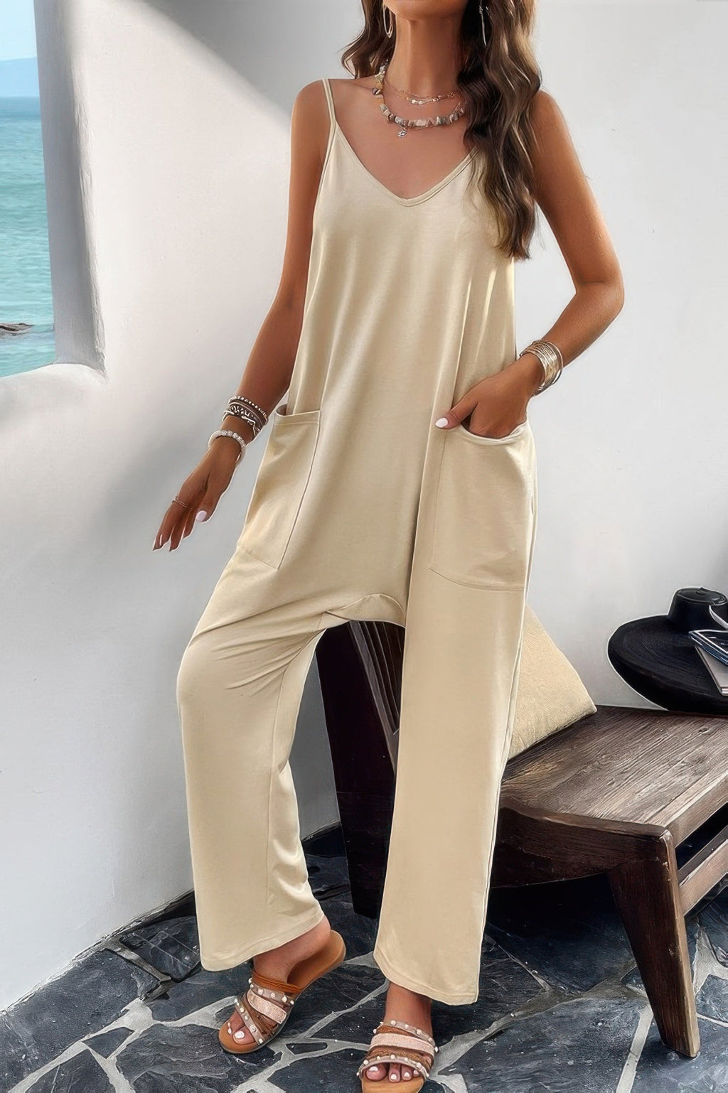 Pocketed Spaghetti Strap Loose Sleeveless Jumpsuit