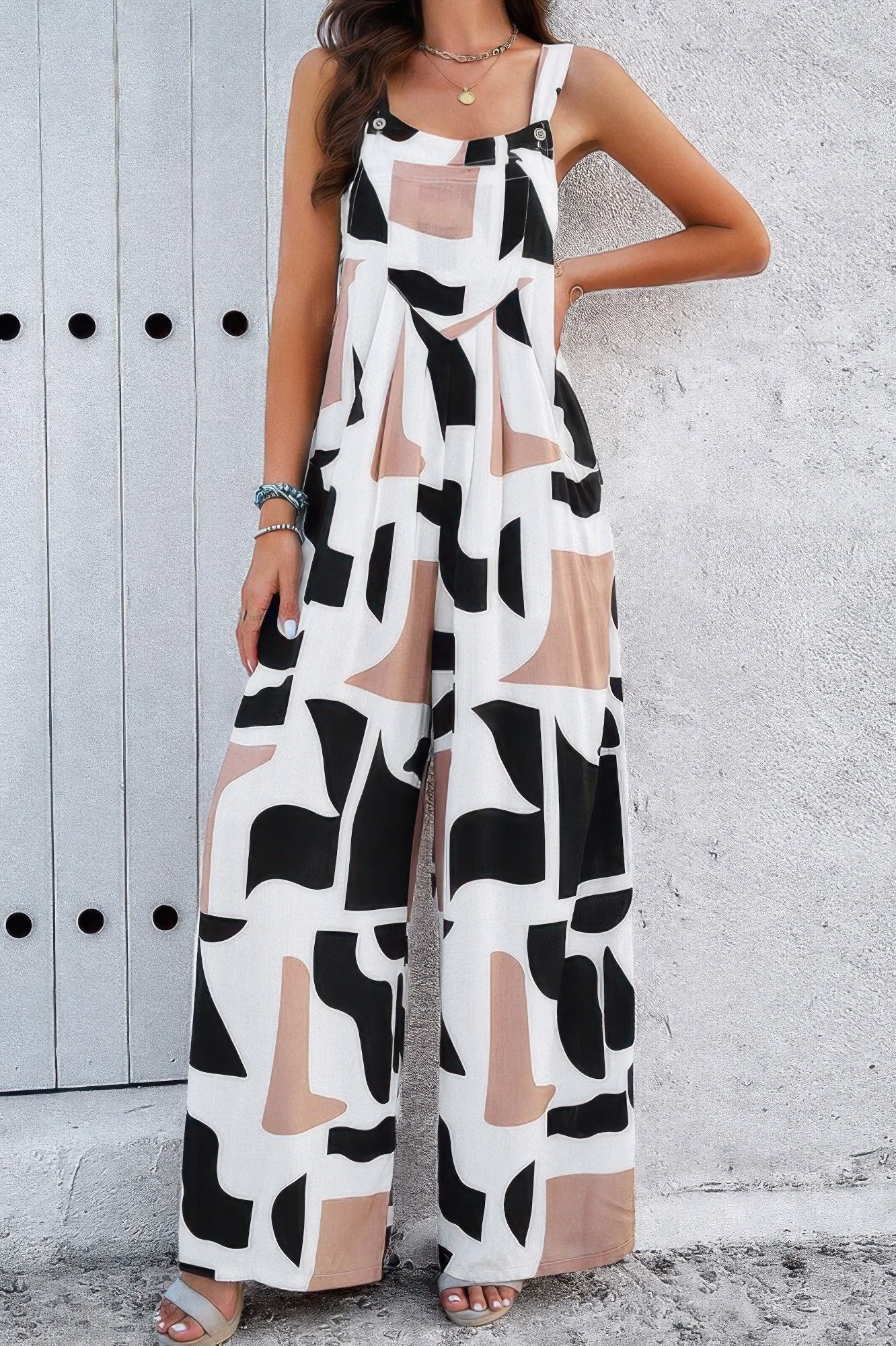 Geo Print Smocked Sleeveless Pockets Jumpsuit