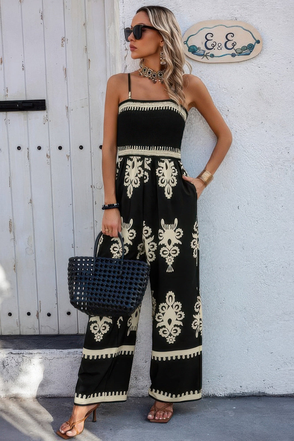 Geo Print Off Shoulder High Waist Fit Jumpsuit