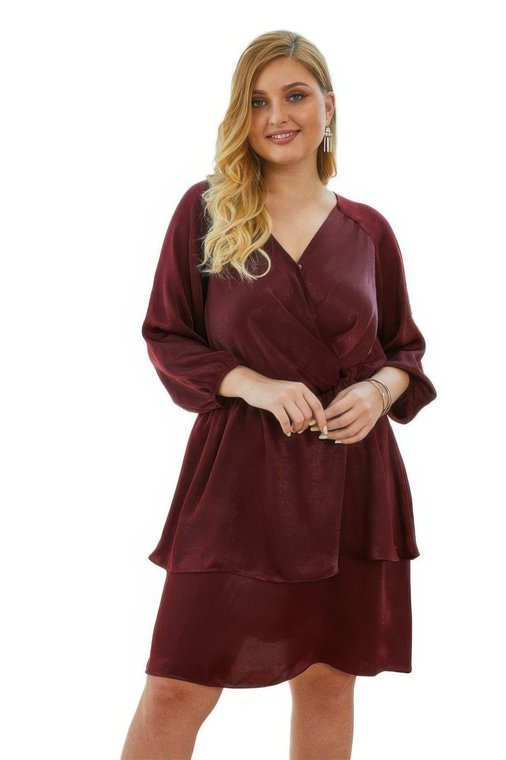 Plus Size Solid V Neck Ruffled Hem Dress
