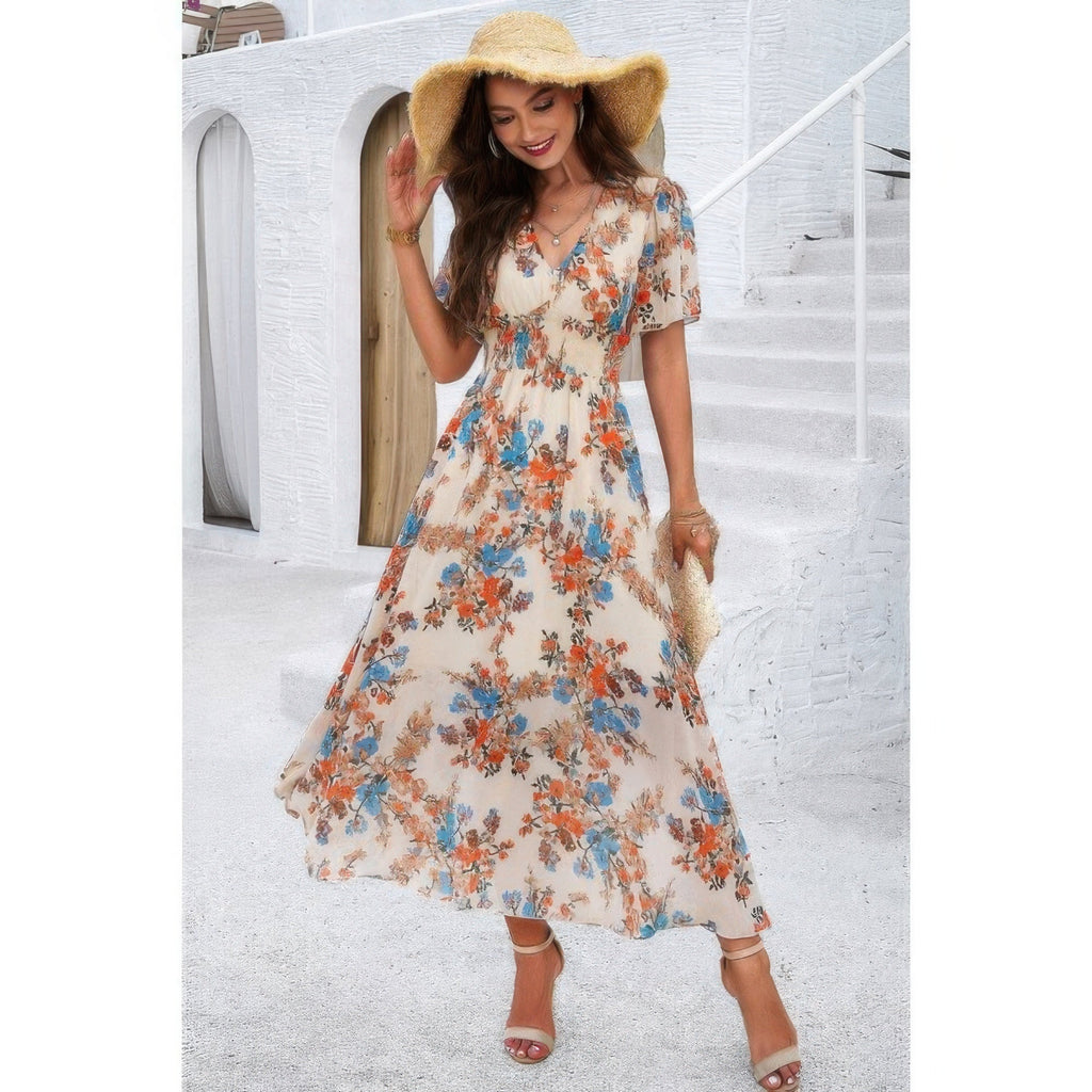 Boho Floral Print High Waist Band Fit Lined Dress