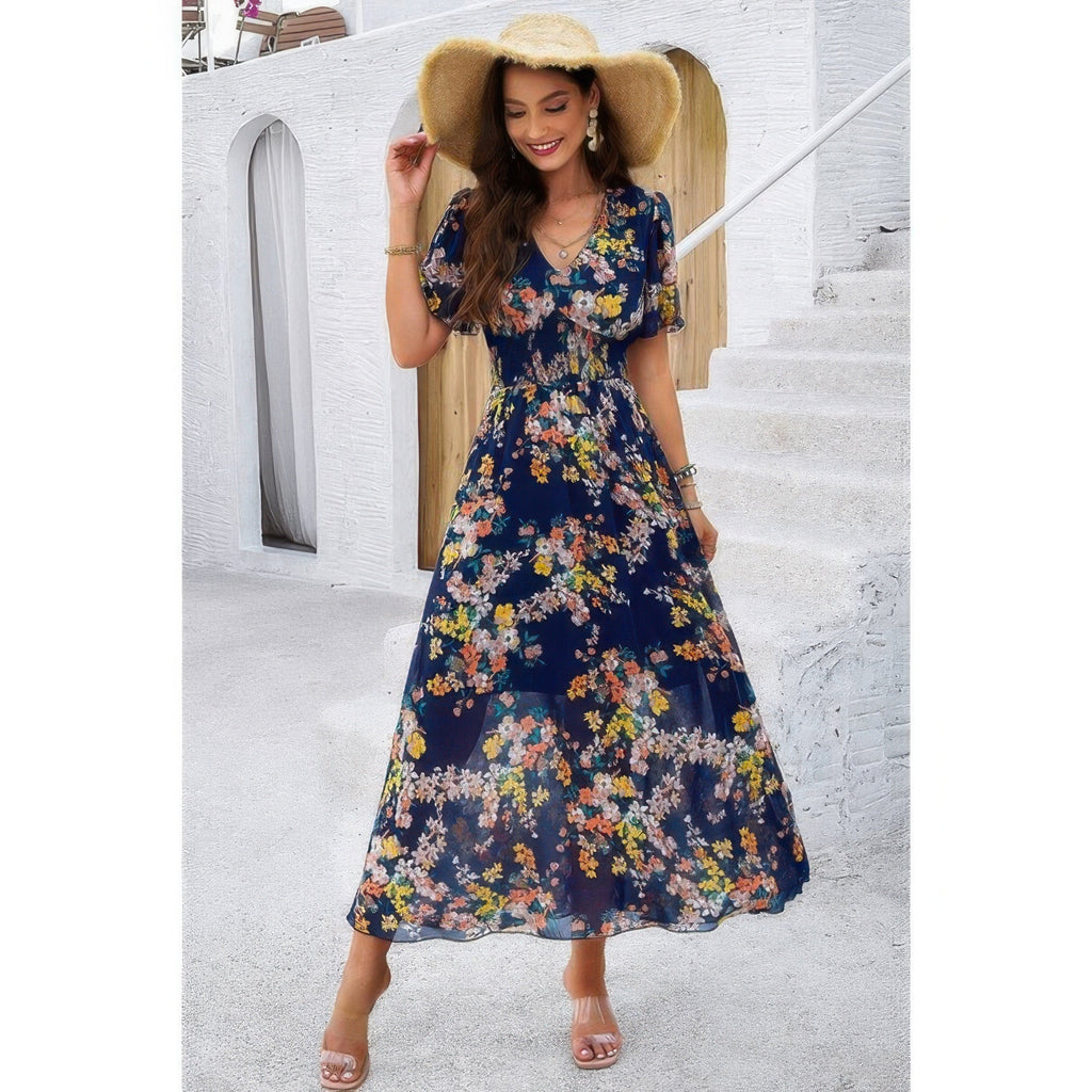 Boho Floral Print High Waist Band Fit Lined Dress
