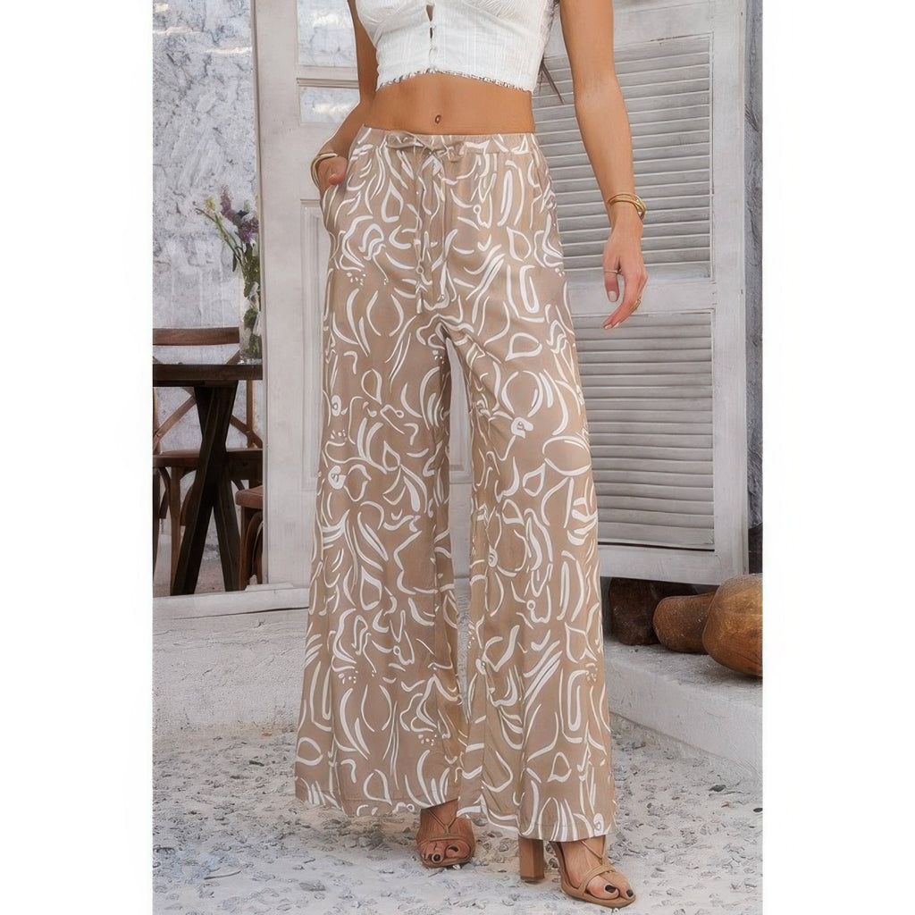 Allover Print Drawstring Pockets Wide Leg Pants