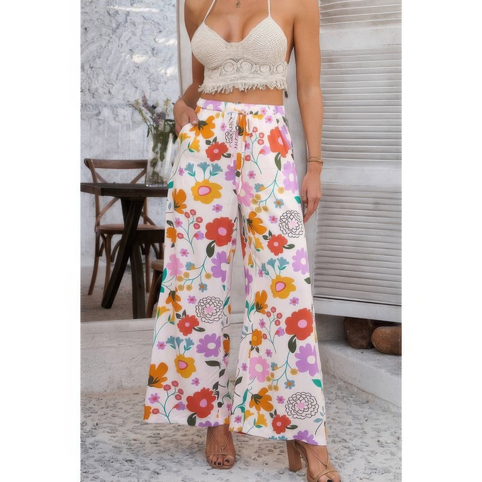 Allover Print Drawstring Pockets Wide Leg Pants