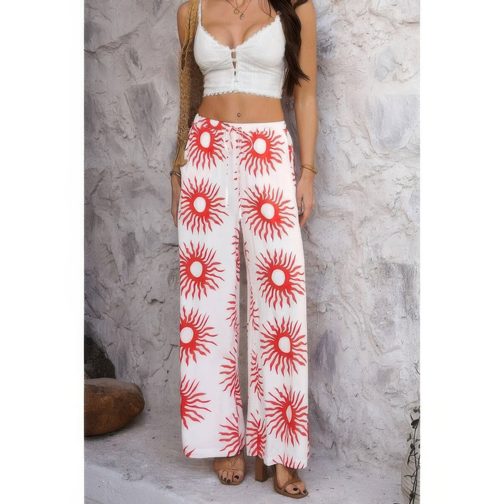 Allover Print Drawstring Pockets Wide Leg Pants