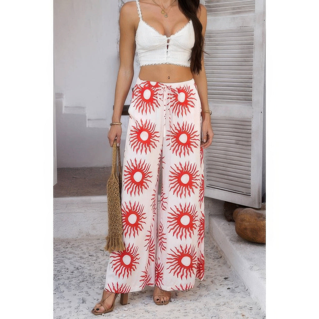 Allover Print Drawstring Pockets Wide Leg Pants