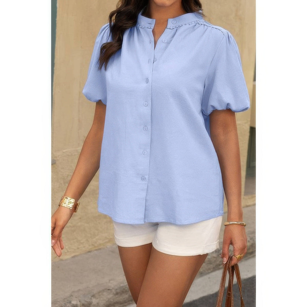 Button Down Lantern Puff Short Sleeve V Neck Top