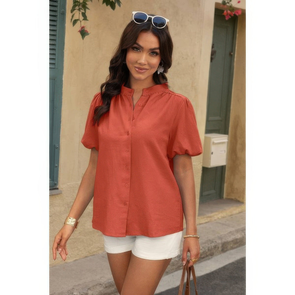 Button Down Lantern Puff Short Sleeve V Neck Top