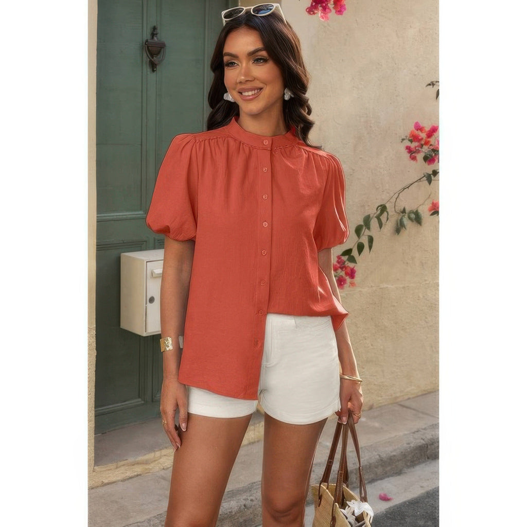 Button Down Lantern Puff Short Sleeve V Neck Top