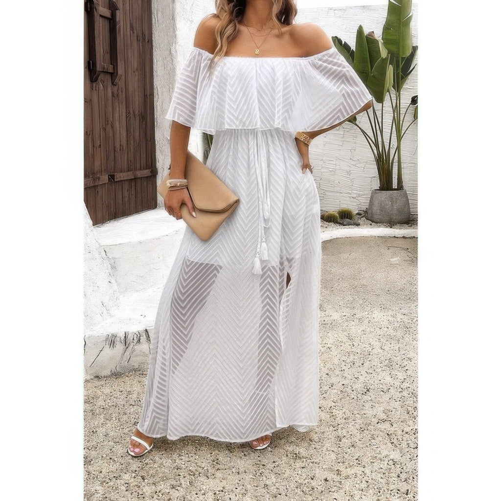 Off Shoulder Solid Tassel Ruffle Trim Split Dress