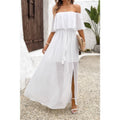 Off Shoulder Solid Tassel Ruffle Trim Split Dress