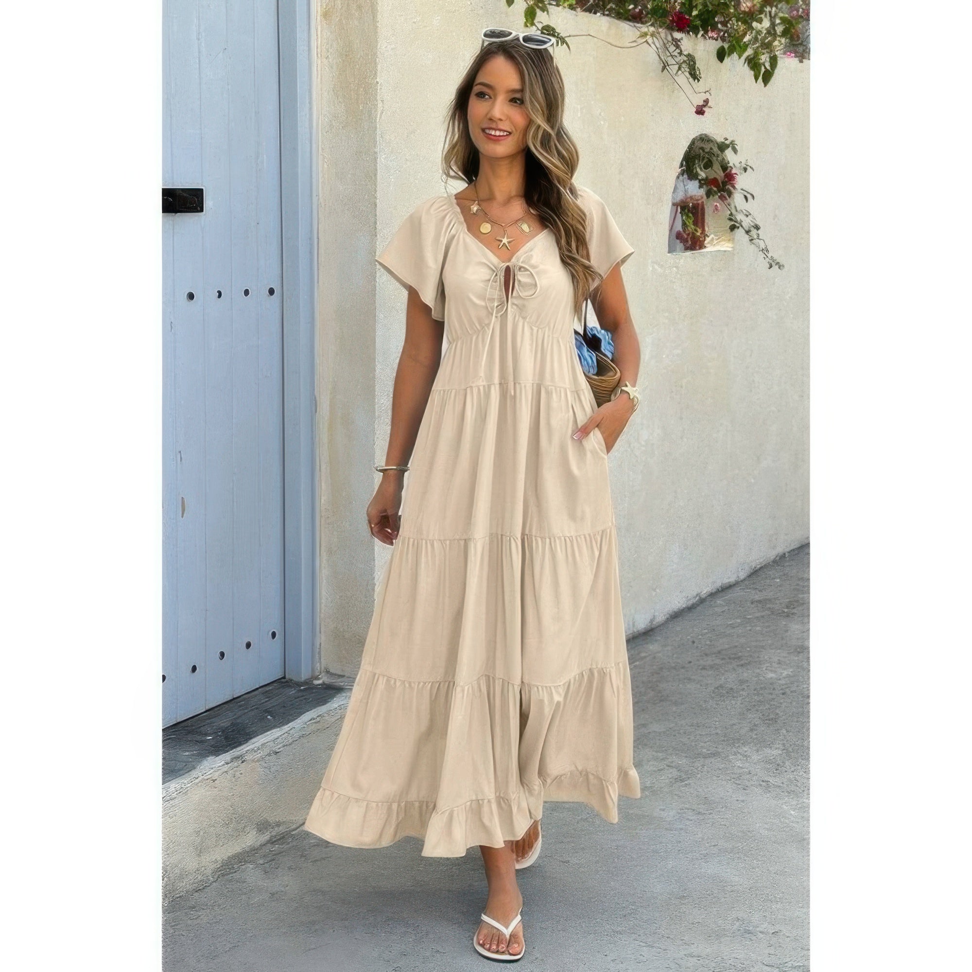 Cross Knot Color Block Pockets A Line Dress