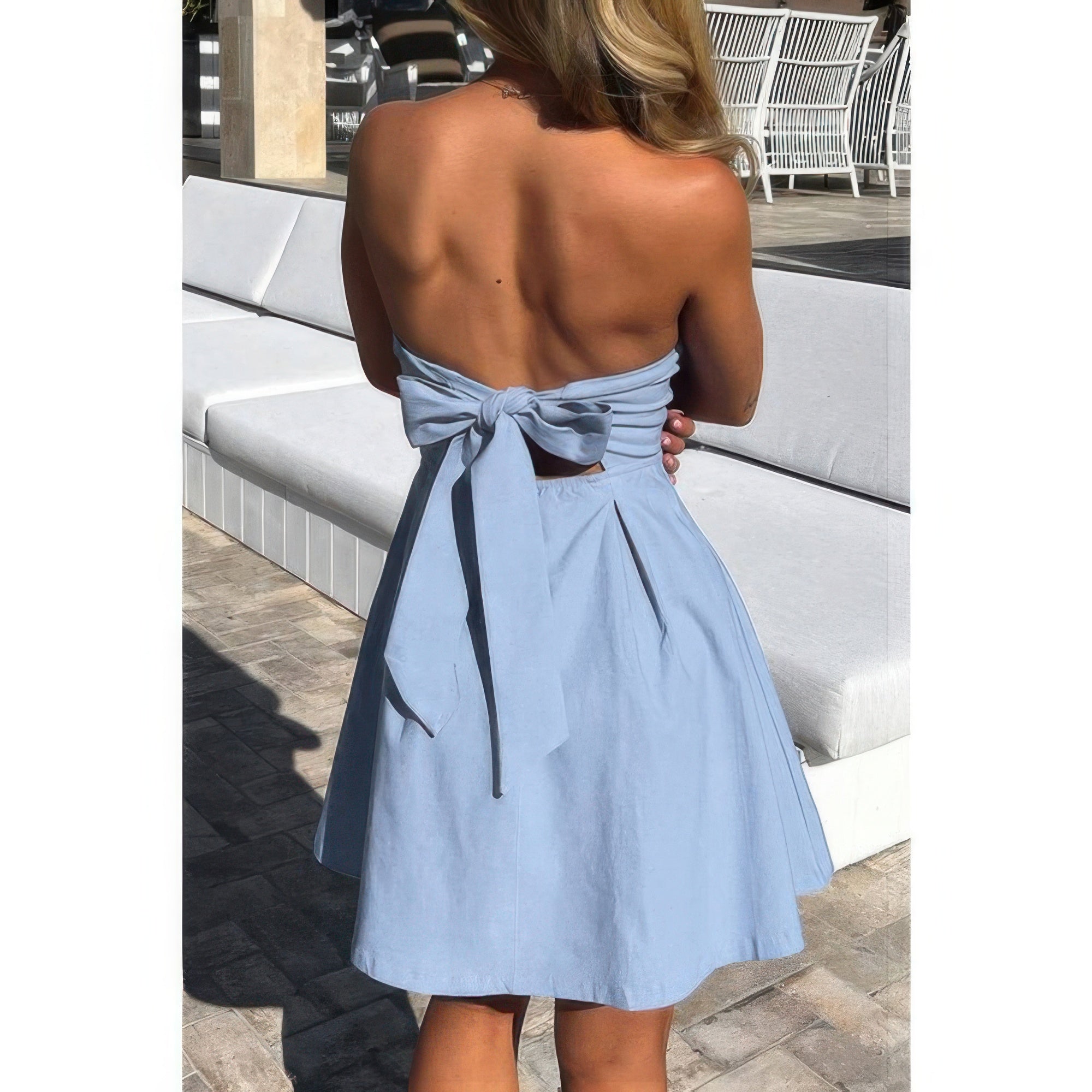 Off Shoulder Open Back Knot Pleated Mini Dress