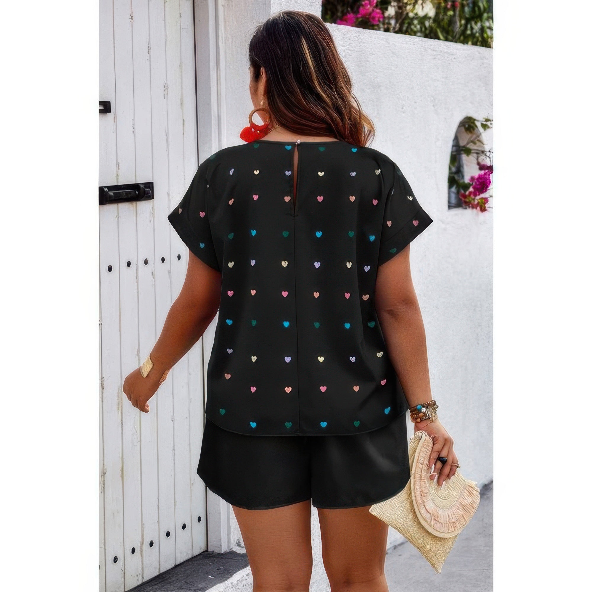 Plus Size Heart Print Drawstring Waist Sets