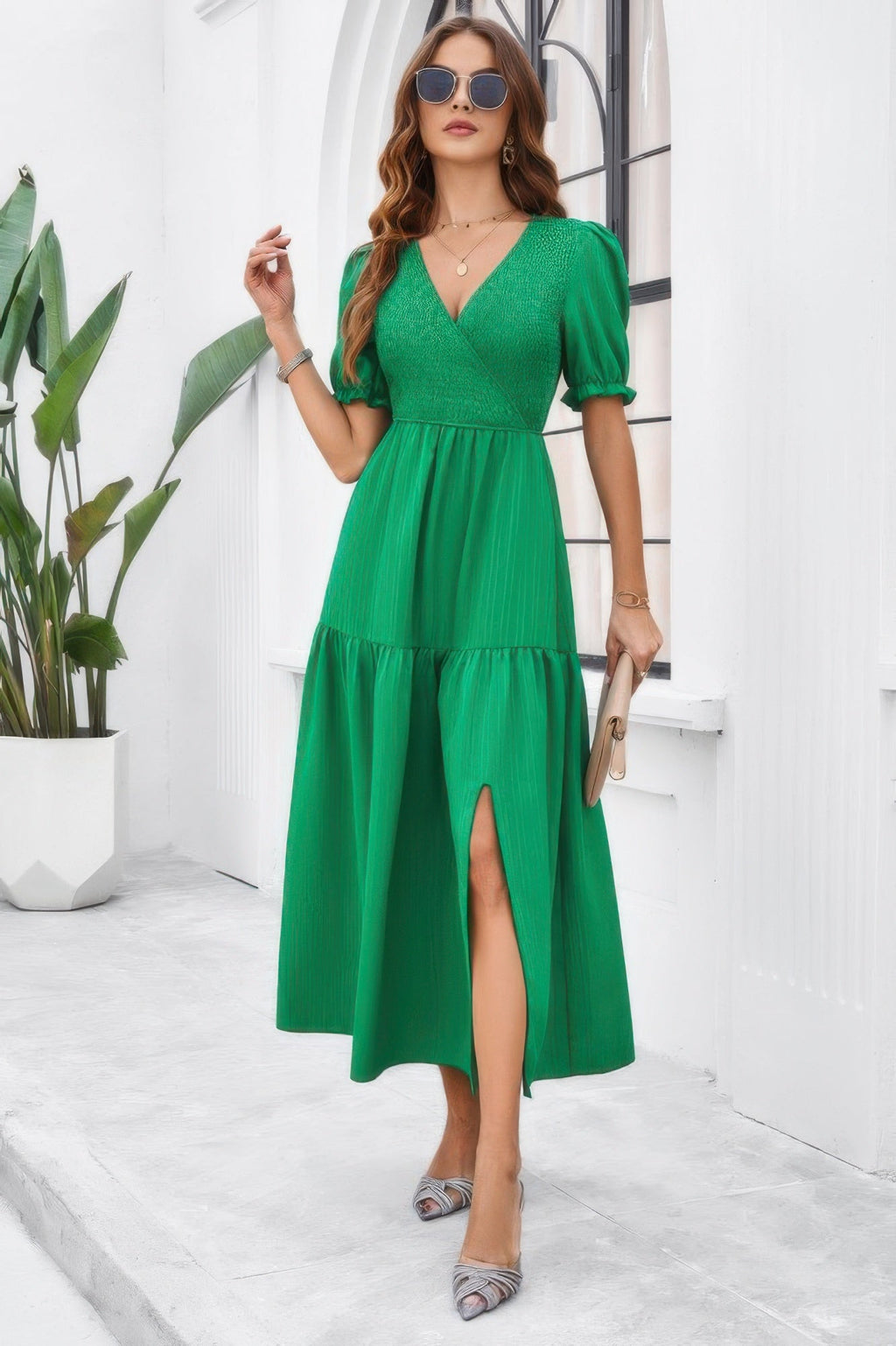 Solid V Neck Ruched High Waist Puff Sleeve Dress