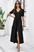 Solid V Neck Ruched High Waist Puff Sleeve Dress