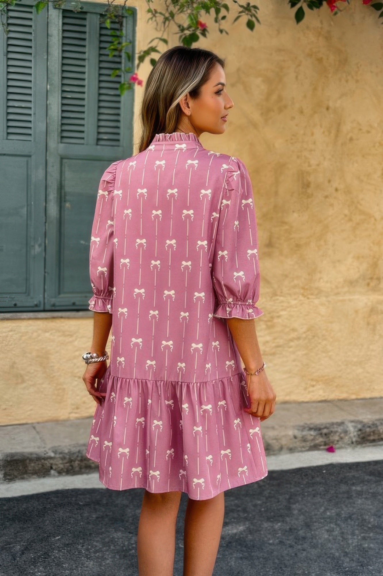 A Line Bow Ruffle V Neck Loose Fit Dress