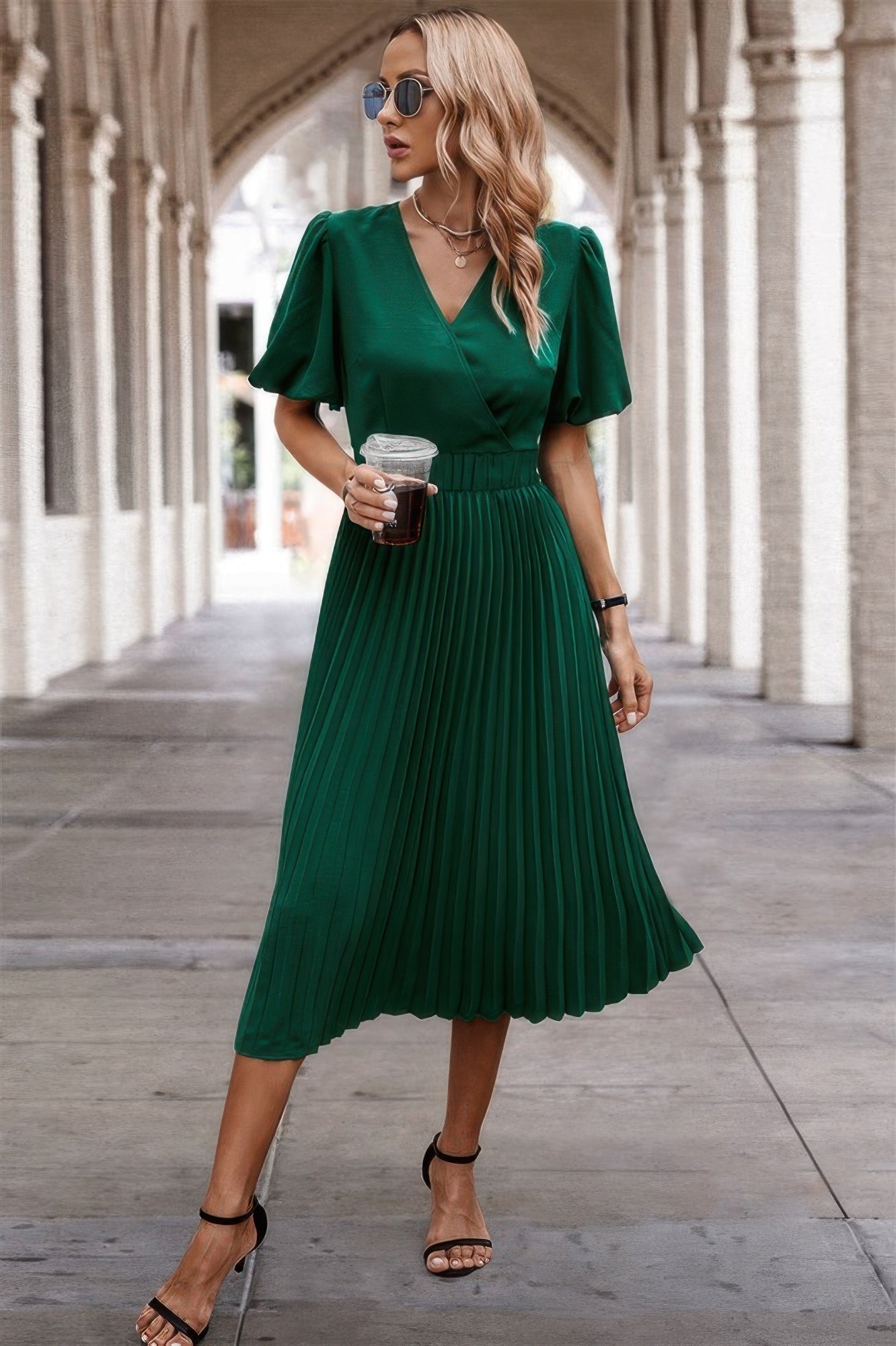 Solid Elastic Waist Band Pleated V Neck Dress