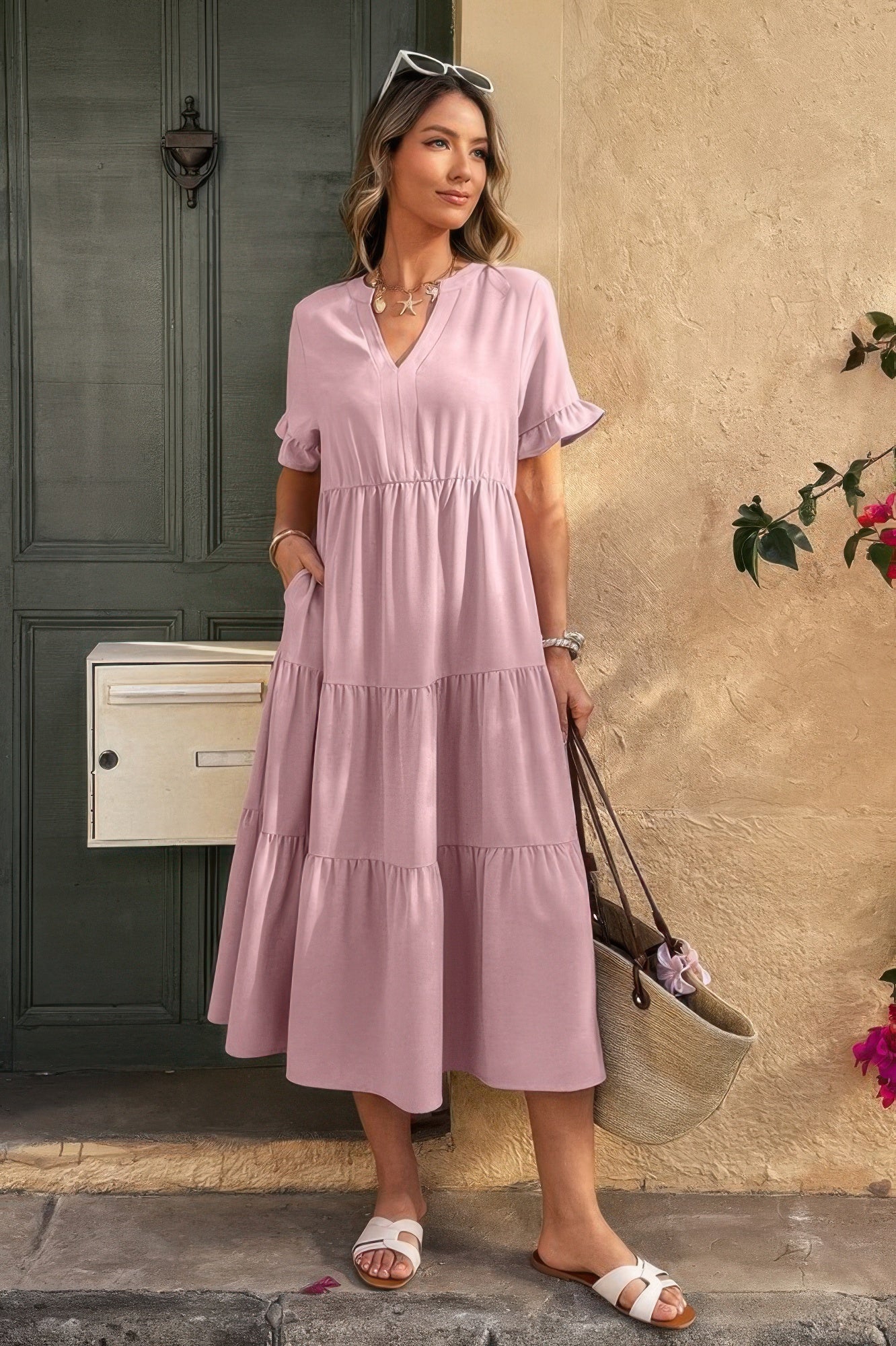 Solid A Line Ruffle Hem Color Block Dress