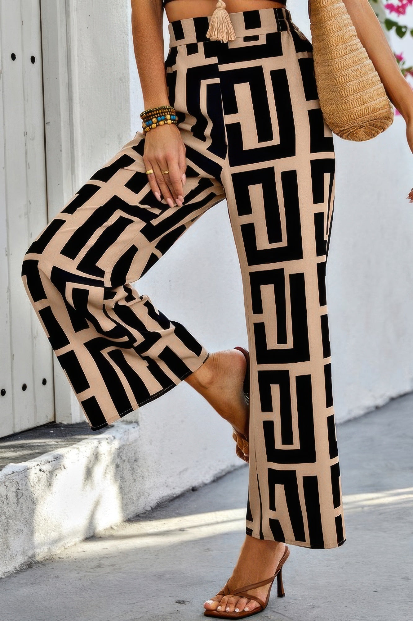 Geometric Color Block A Line Wide Leg Loose Pants