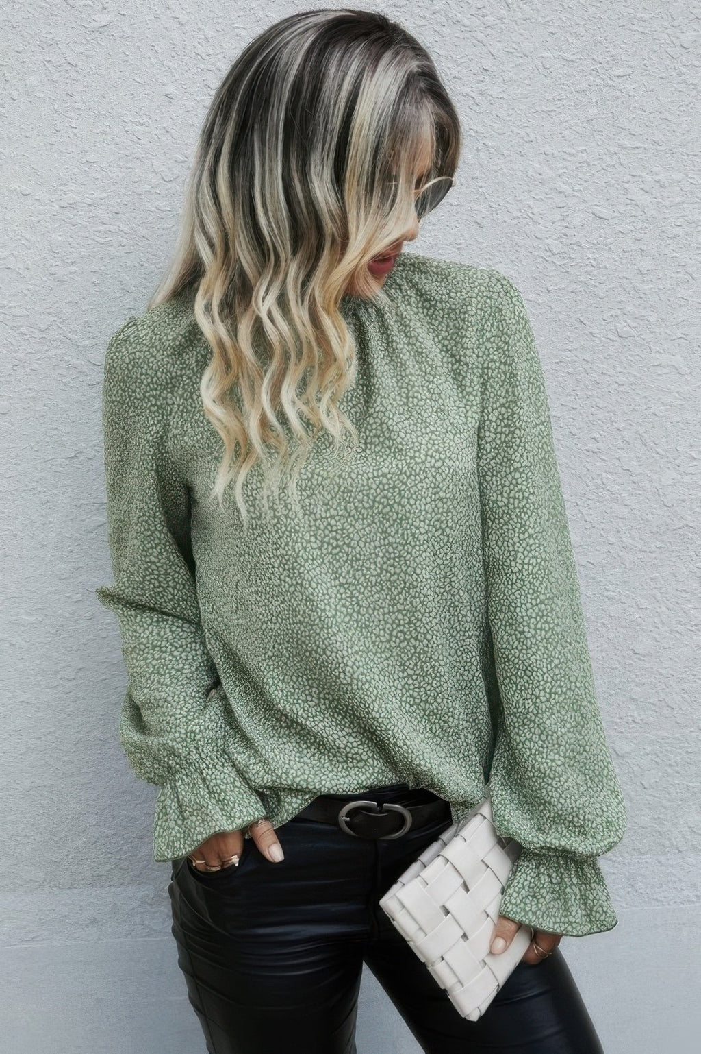 Allover Ruffle Shirred Neck Flounce Sleeve Blouse