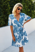 Tie Dye Swiss Dot V Neck Wrap Dress