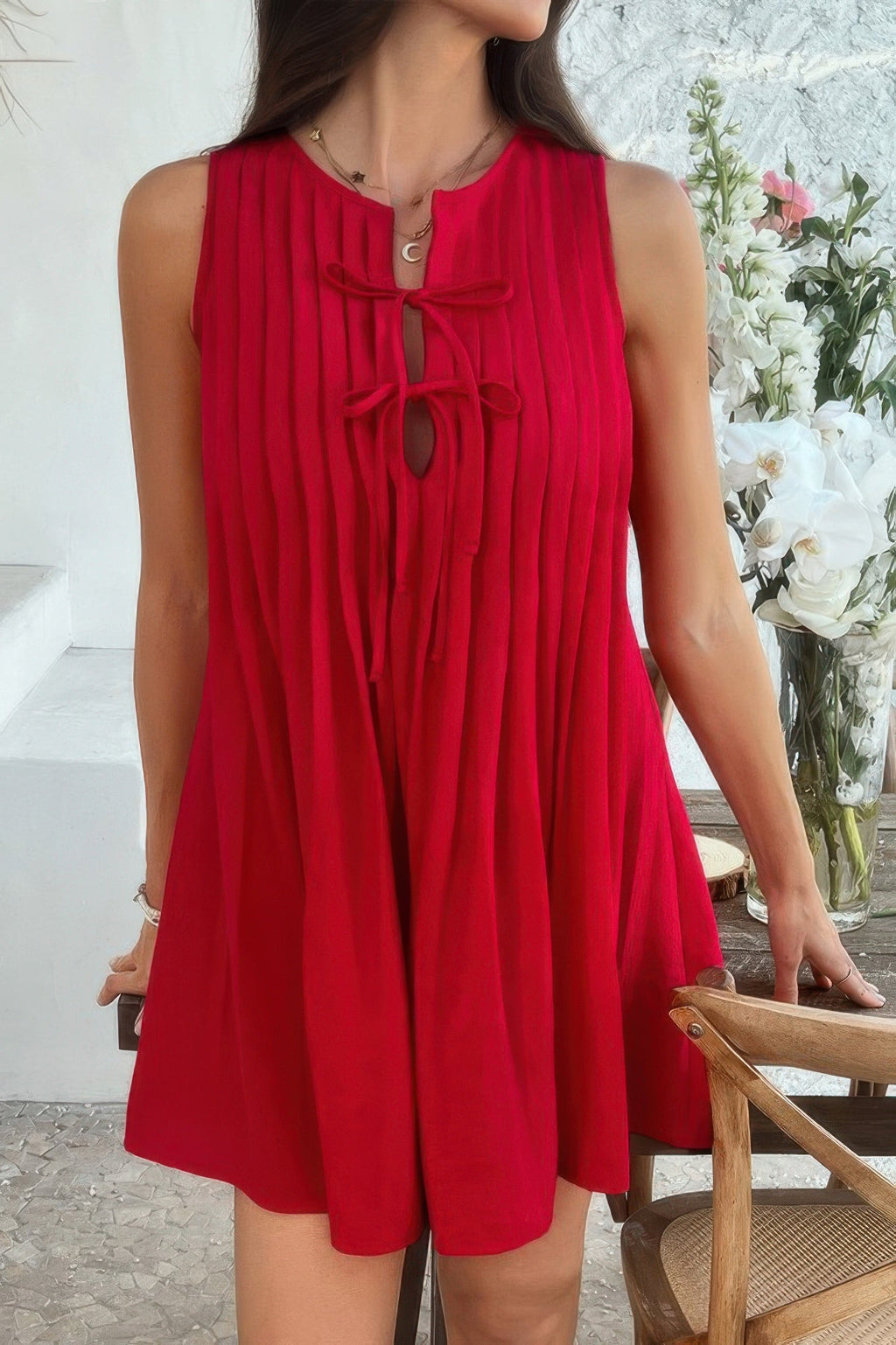 Solid Tie Knot Pleated Sleeveless Mini Dress