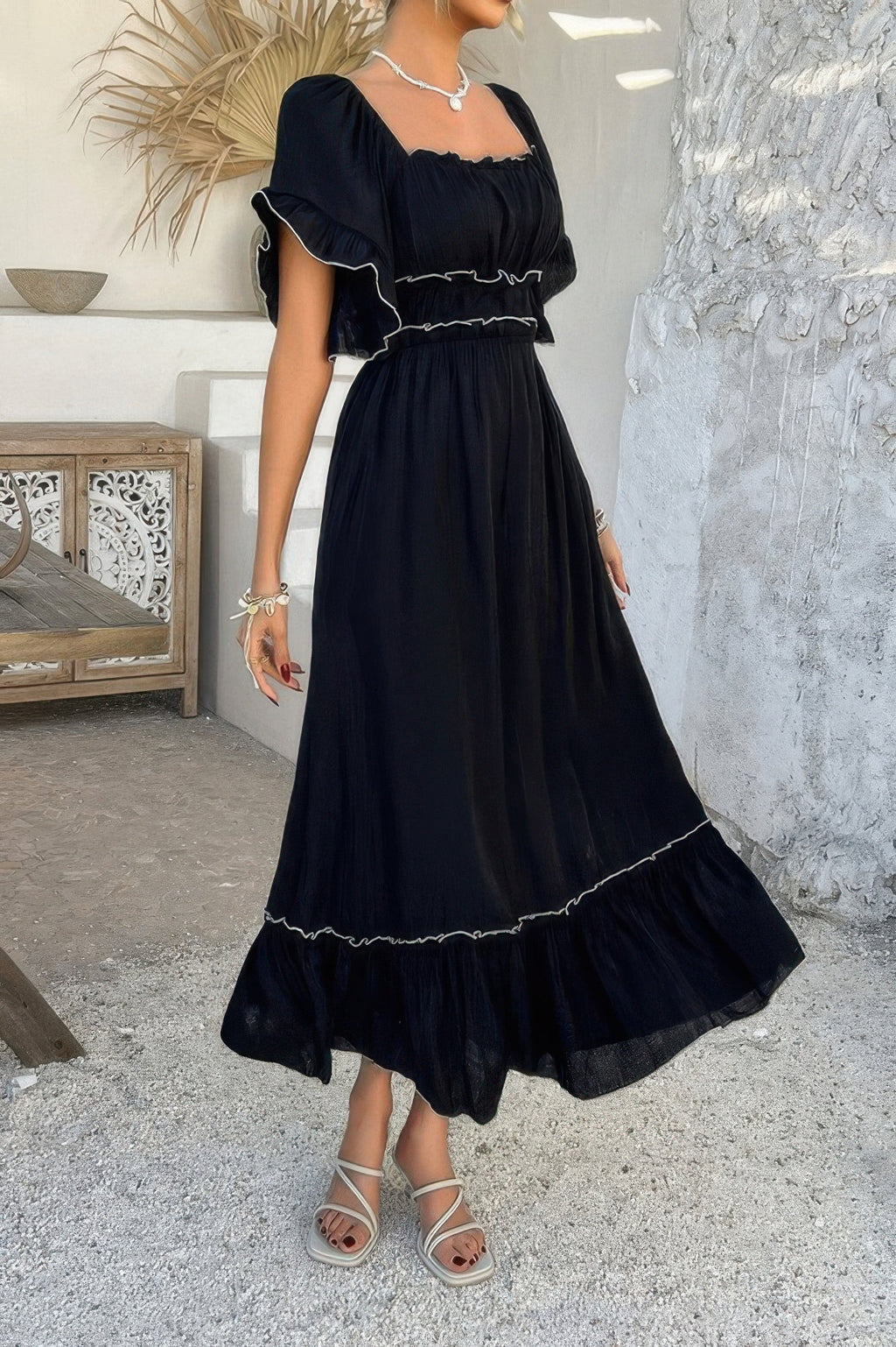 Off Shoulder Bodycon Backless Ruffle Trim Dress