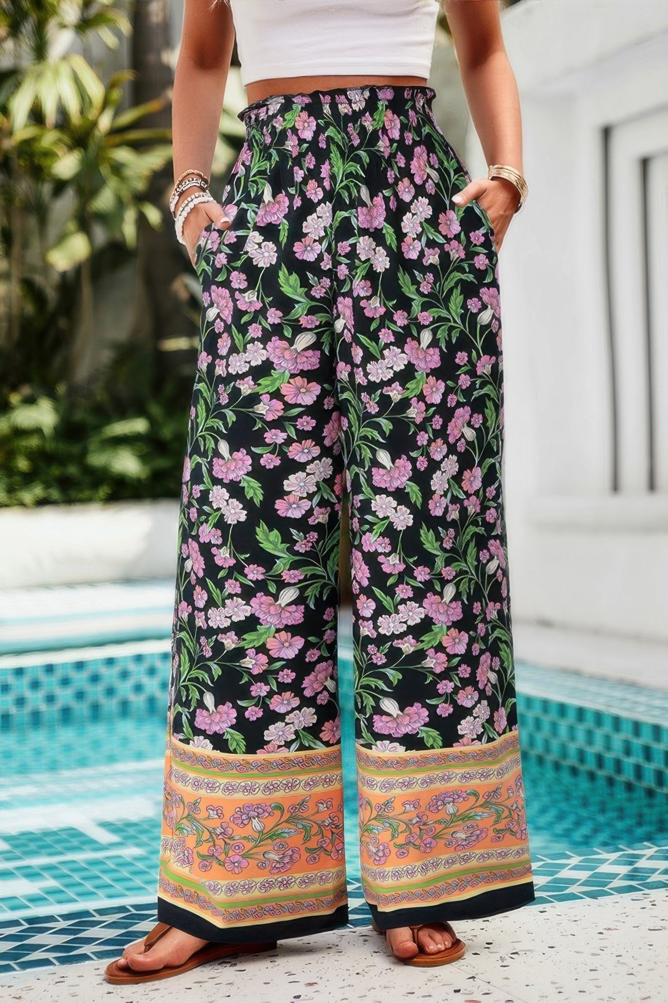 Floral Printed Loose High Waist Wide Leg Pant