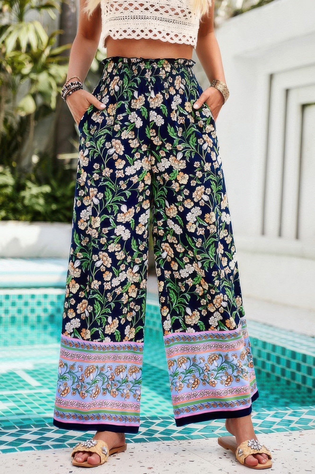 Floral Printed Loose High Waist Wide Leg Pant