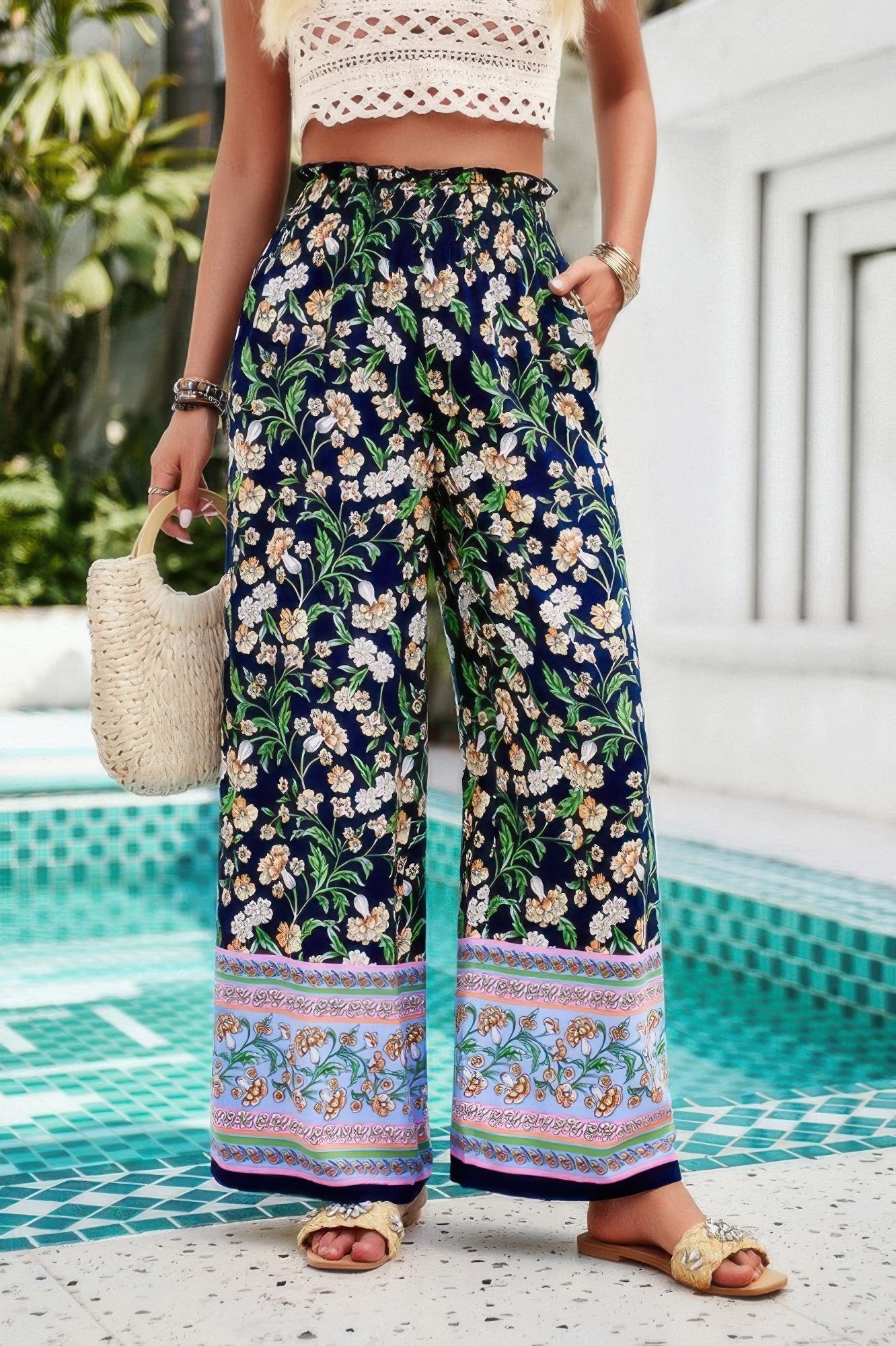 Floral Printed Loose High Waist Wide Leg Pant
