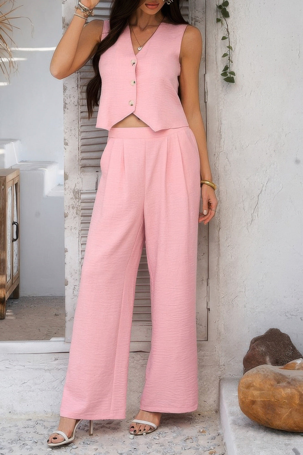 Solid V Neck Button Vest Pleated Suit Sets