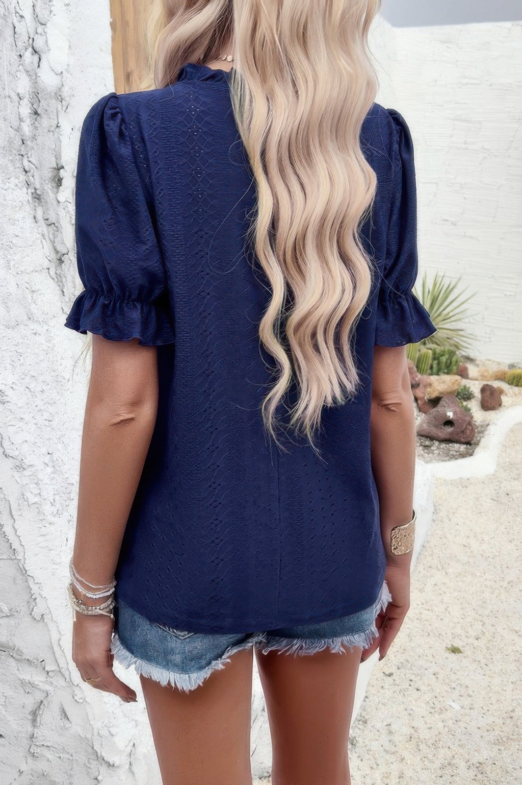 Round Neck Embroidery Ruffle Sleeve Loose Fit Shirt
